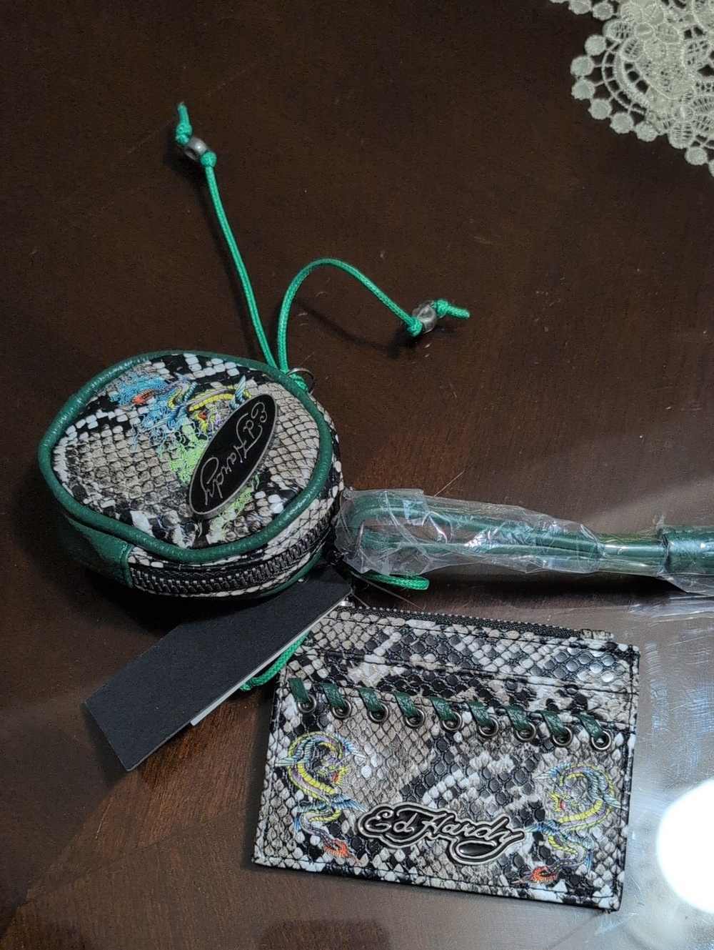 Ed Hardy Green and Black Snake-Print Reptile Accessory Card Wallet Set